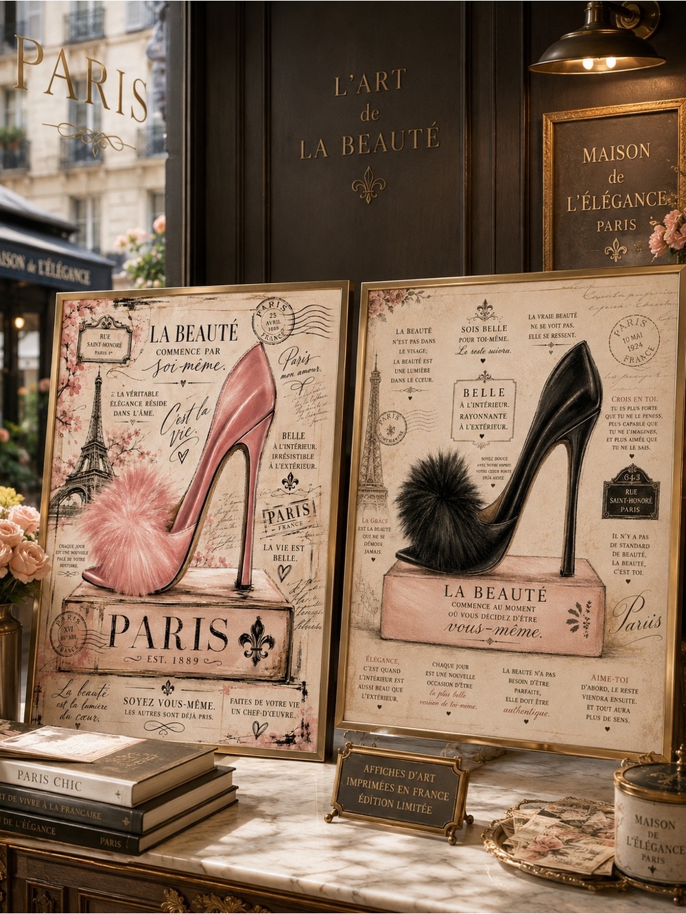 👠 Paris Stiletto Wall Art Set of 2 French Fashion Black Pink Heel Prints 8x10